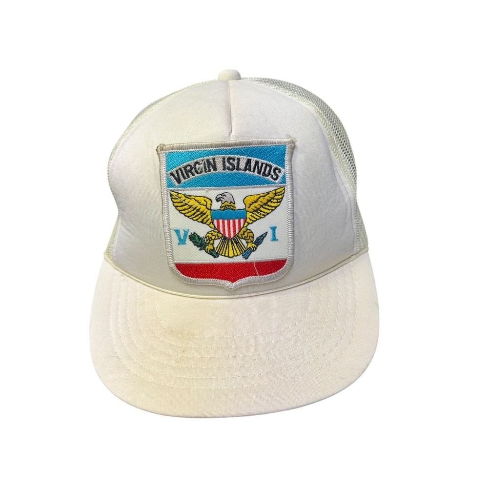 Vintage AJM Virgin Islands Trucker Hat White Mesh Snapback Souvenir Cap USVI